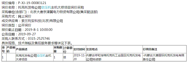 托克托發(fā)電公司空壓機(jī)主機(jī)大修項(xiàng)目詢價采購詢價結(jié)果公告